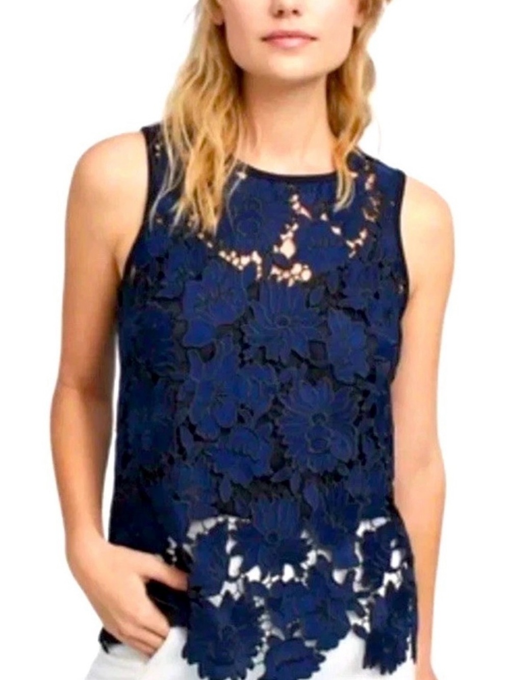 Anthropologie Koria Navy Floral Lace Sleeveless Top